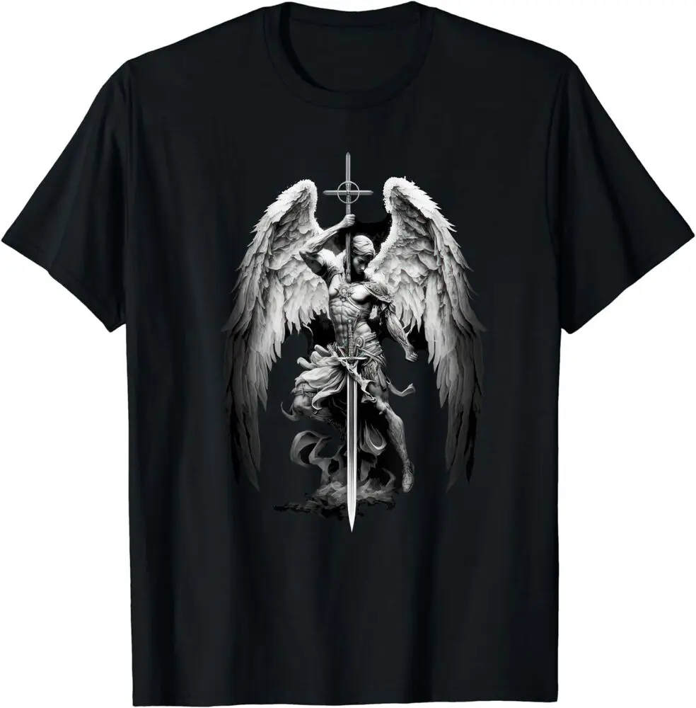 God\'s Angel Gabriel Archangel With Sword, Cross And Wings T-Shirt For Men Clothing Women Short Sleeve Tees Unisex Summer