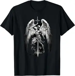 God's Angel Gabriel Archangel With Sword, Cross And Wings T-Shirt For Men Clothing Women Short Sleeve Tees Unisex Summer