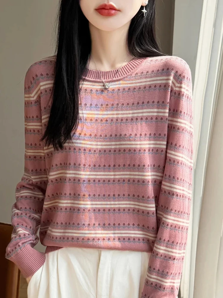 Retro Striped  Knitwear Women's Loose Long Sleeve round Neck Sweater Soft Comfortable Breathable Pink Top for Autumn