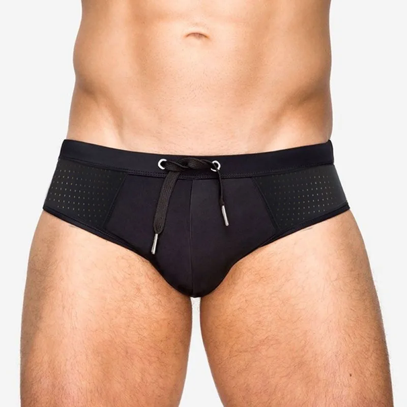 Mens Swimming Trunks Sexy Mesh Splicing Swim Briefs Push Up Pad Underwear Swimsuit Quick Drying Breathable Beach Shorts