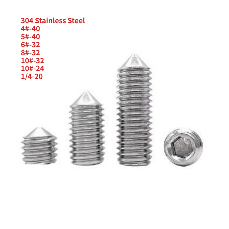 UNC/UNF 4#-40 5#-40 6#-32 8#-32 10#-32  10#-24 1/4-20 304 Stainless Steel Hexagon Socket Set Screws Cone Point Grub Screw