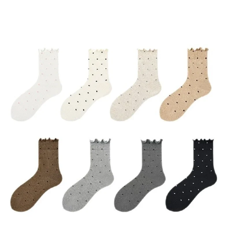 

Женские носки средней длины из чистого хлопка с кружевом и принтом в горошек, осенне-зимние, цвет кофе, простые повседневные, 1/8 пары