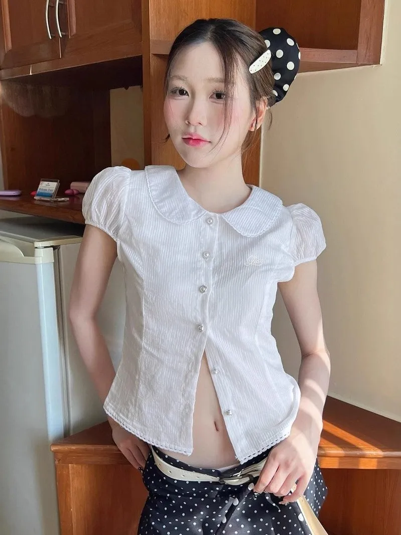 

Sexy Temperament See-through Cover Shirt Top Women's Cute Style Fleece Lined Bubble Sleeve PU Fabric Short Sleeve Pure Color