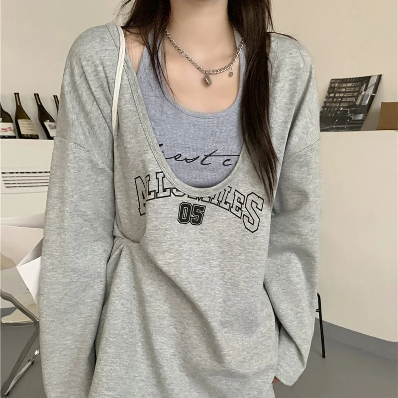 Y2K Two Pieces Set Oversized T-Shirts Women Spring Long Sleeve Halter Letter Print Sweatshirt Female Casual Loose Harajuku Tops