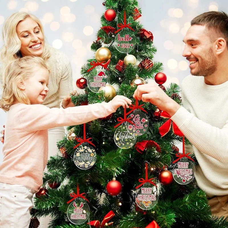 10/5PCS Acrylic Christmas Tree Ornament Blank Transparent Acrylic Disc DIY Blank Christmas Round Decor with Hole for DIY Craft