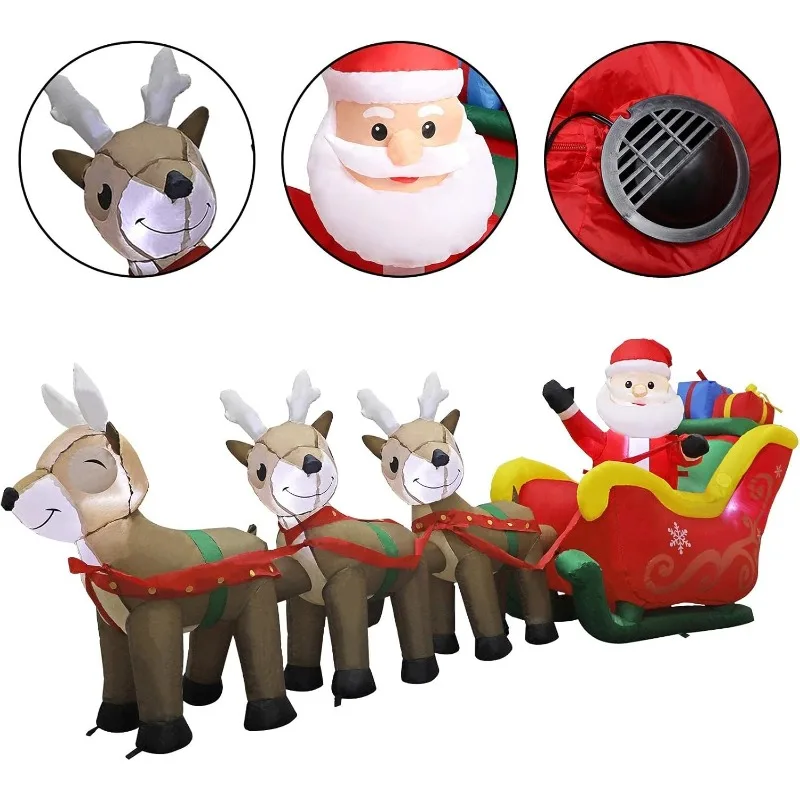 9.5 FT Christmas Inflatable Santa Claus on Sleigh Pulled by Three Reindeers with Gift Boxes, Blow up Lighted Yard Decor for