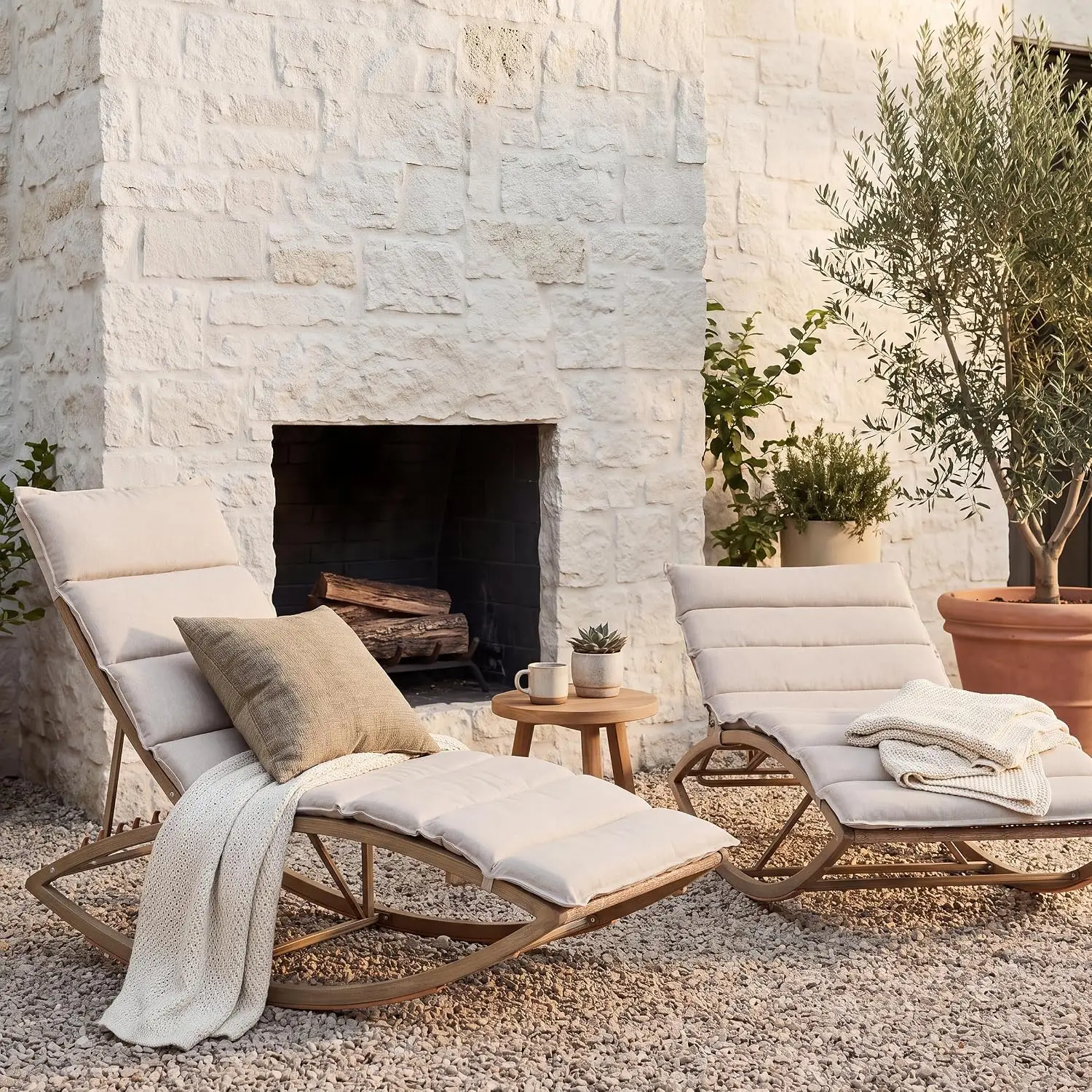 2-Piece Outdoor Chaise Lounge Rocker Set, 2-in-1 Patio Recliner Chairs with 4-Position Adjustable Backrest, PE Wicker and Wood-Look Metal Frame, Khaki, for Poolside, Deck, Patio, Sunroom