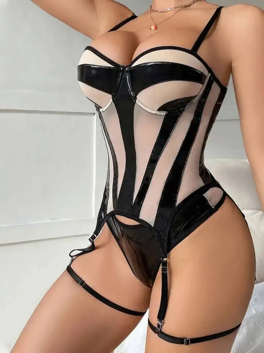 

Женская мода, сексуальная кожаная ткань, сетчатый ремешок, сексуальные подтяжки с глубоким V-образным вырезом, боди без рукавов, очаровательные красивые CPMJ