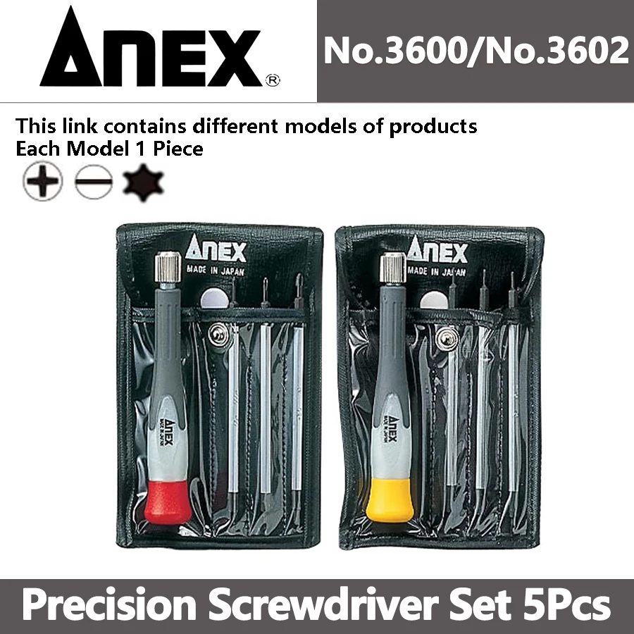 ANEX Precision Screwdriver Set 5Pcs with Tool Bag Interchangable Phillips/Slotted/Torx Bits Made in Japan No.3600/No.3602