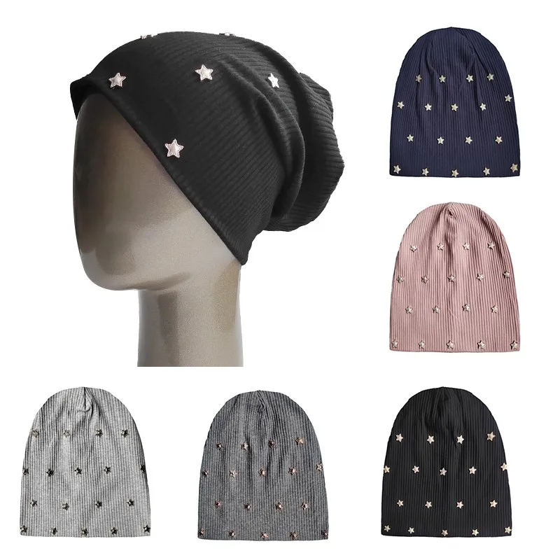 Women Warm Cotton Beanies With Five Pointed Star Accessories Soft Solid Color Skullies Hats Elastic Fashion Caps Bonnet