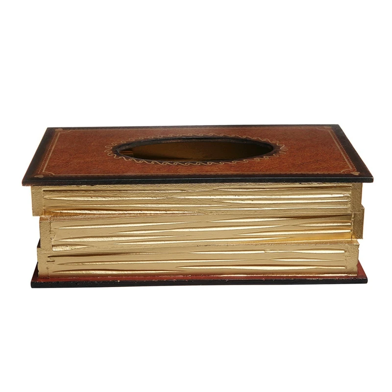 AU05 -Vintage Stacked Books Design Solid Wood Tissue Box Holder Rectangular With Easy Refill Hinged Top