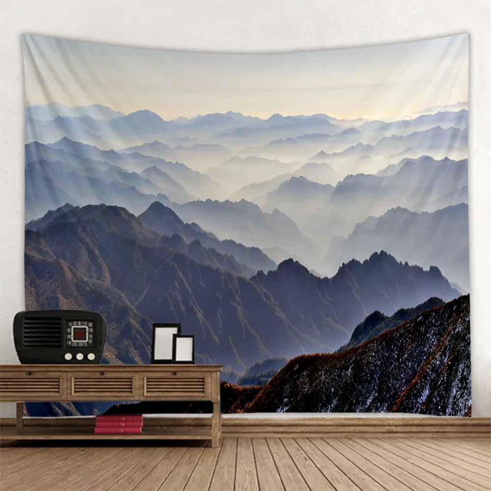 Misty natural scenery tapestry, white clouds and mountains landscape room decoration, hanging cloth, large-sized tapestry