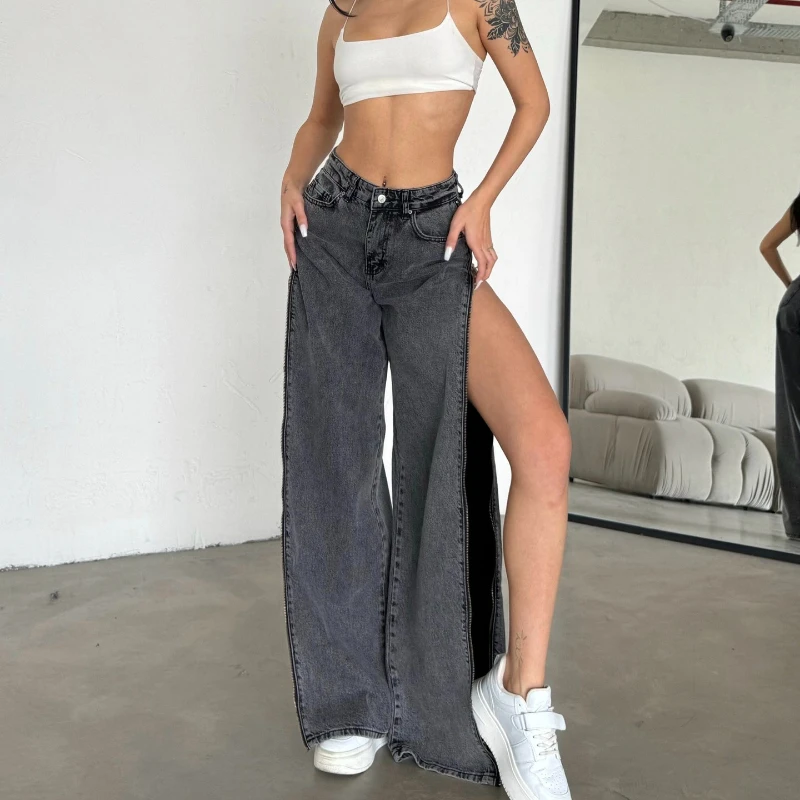

Hot Girl Personality Washed Grey Slim Jeans Female Spring Side Zipper Two Wear Design Straight Pants
