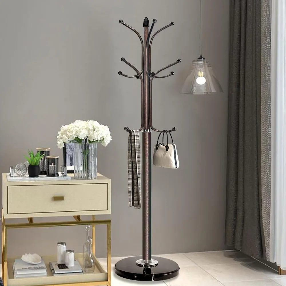 Kertnic-Metal Coat Rack Stand com base de mármore natural, árvore de salão livre, 12 ganchos para pendurar cachecol e jaqueta