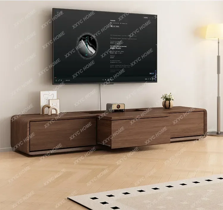 New medieval style sliding TV cabinet living room small household type floor-to-ceiling walnut TV cabinet