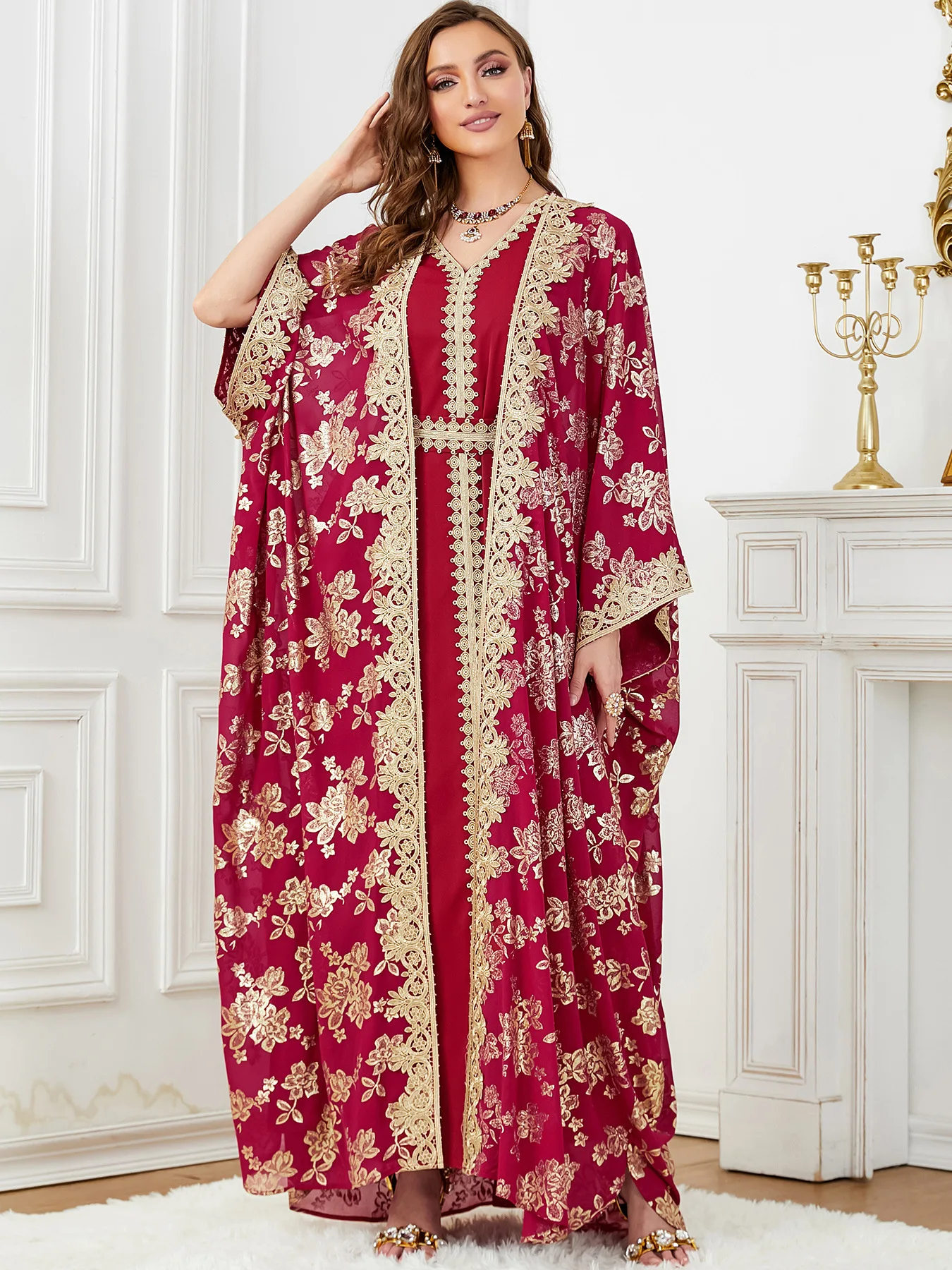 Abaya musulman pour femmes 2 pièces ensemble Robe Caftan fête Kimono Robe dubaï caftan Kebaya Caftan Marocain Femme Robe Jalabiya Robe