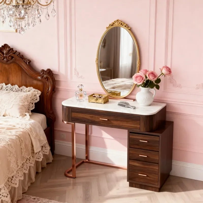 Modern Light Dressing Table with LED Lighted Mirror Pine Wood Top Vanity Table with Storage Bedroom Home Decor