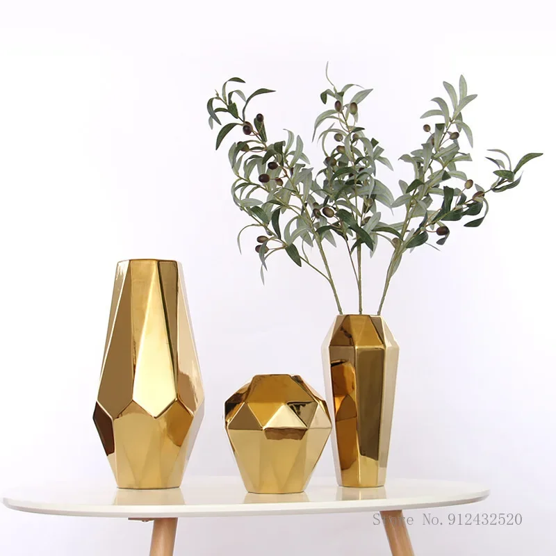 

Light luxury electroplating simple Nordic noble golden geometric abstract ceramic home living room decoration ornaments vase 1Pc