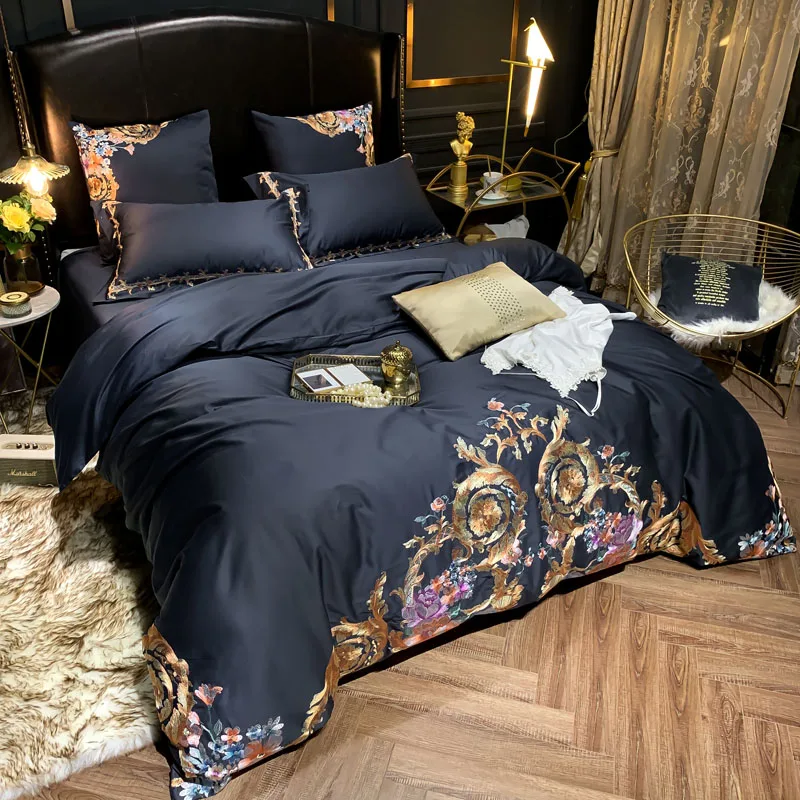 Luxury Egyptian Cotton Navy Blue Bedding set Premium Embroidery US Queen King size 4/6PCS Duvet cover Bed Sheet Pillow shams