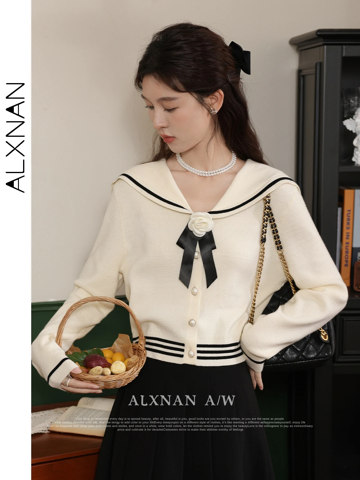 

ALXNAN женские вязаные кардиганы с милым матросским воротником съемный розовый бант с жемчужными пуговицами осень-зима элегантные топы женские VPLXN31332