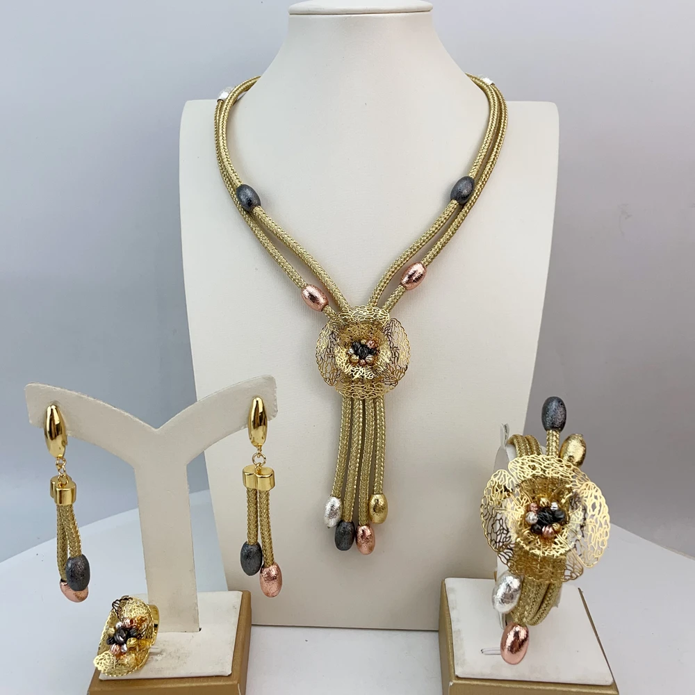 

Yuminglai Dubai Gold-Plated Jewelry Set For Women Earrings Bracelet Rings Wedding Party Gifts Women's Accessories FHK22412