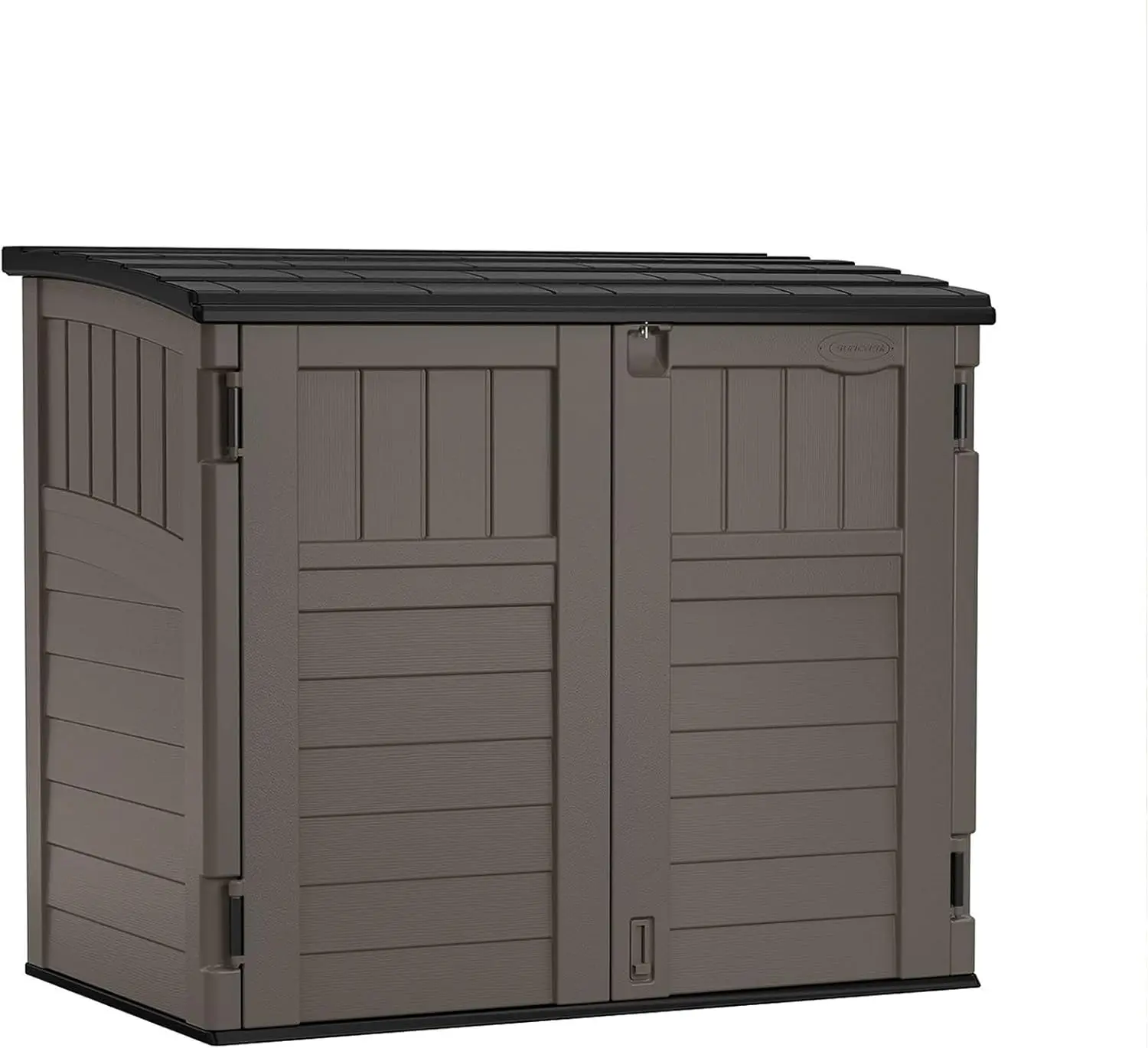 

Horizontal Storage Shed - Natural Wood-like Outdoor Storage for Trash Cans and Yard Tools - All-Weather Resin Material