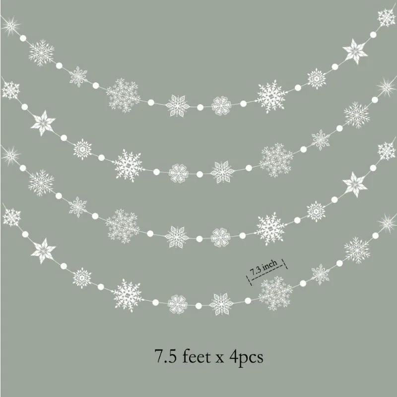 4Strings Winter Wonderland White Clear Snowflake Garland Kit Hanging Snow Flake for Christmas New Year Party Decoration for Home