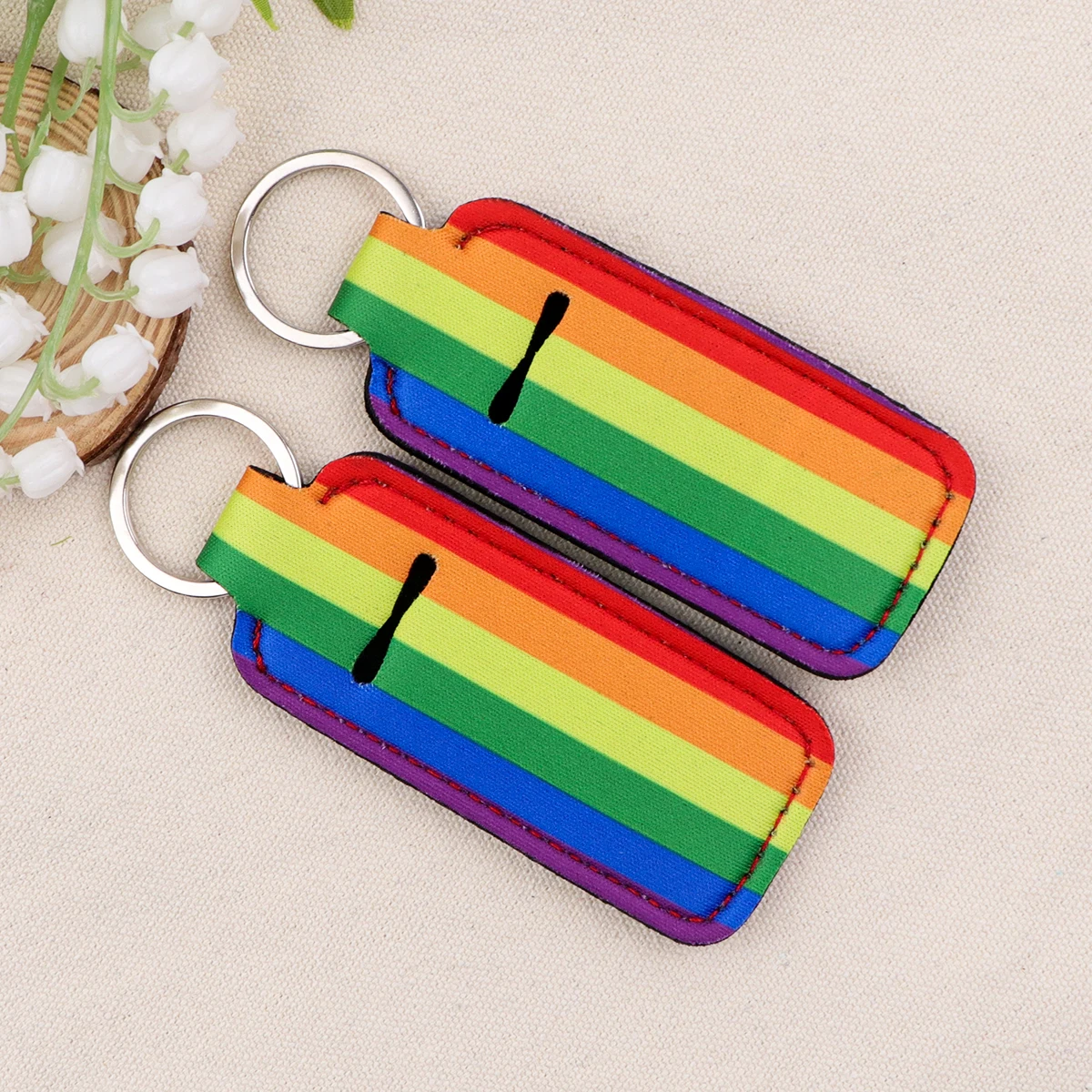 Rainbow Cherry Blossom Clip on Lipstick Holder Keychain Case Fashion Print Keyring Strap Trendy KeyChain Bag Travel Accessories