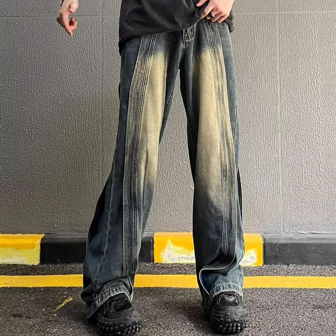 Vintage-Jeans im amerikanischen Stil mit High-End-Feeling, lockere Passform, gerades Bein, weites Bein, drapierte lange Hose für Herren und Damen