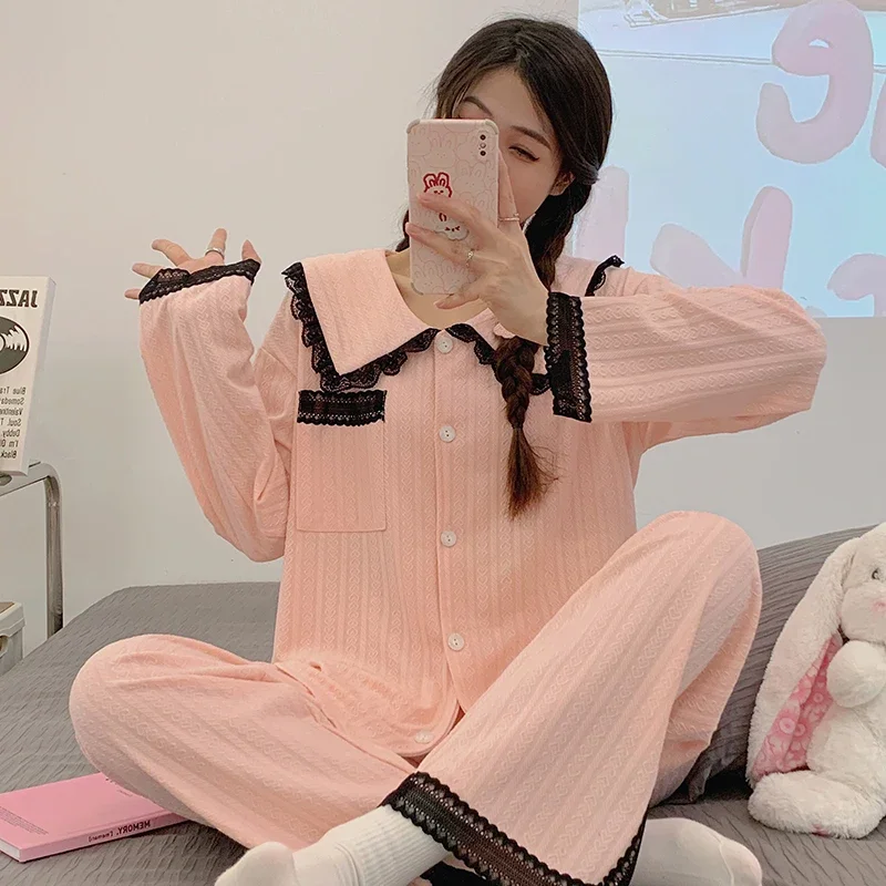 Autumn Pajamas for Women Panelled Tender Lace Patchwork Sweet Baggy Sleepwear Girlish Home Casual All-match Soft Ulzzang Mujer