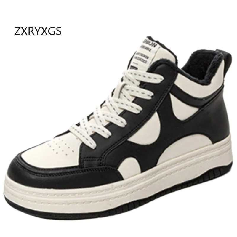 ZXRYXGS Plus Size Women's Shoes Autumn Winter Boots 2026 High Top Genuine Leather Spell Colors Trendy Sneakers Flat Casual Shoes