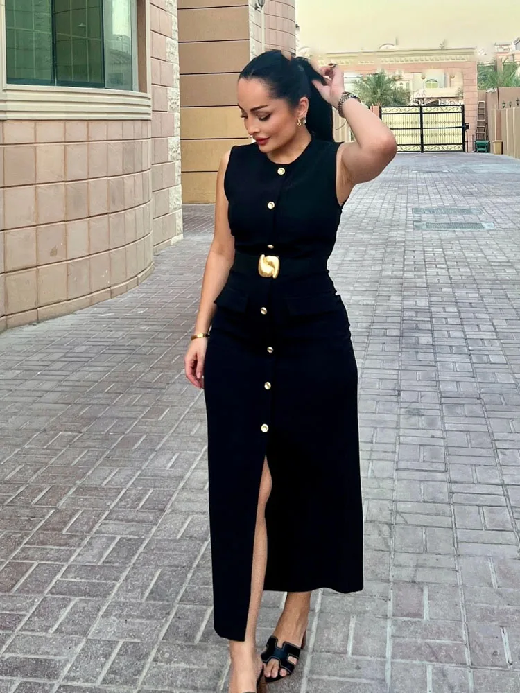 HH Frauen Mode O-Kragen Einreiher Saum Schlitz Gürtel Schmücken Midi Kleid Weibliche Chic Ärmellose Zurück Zipper Dünnes Kleid