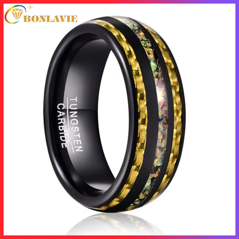 BONLAVIE Electric Black Inlaid Carbon Fiber Opal Tungsten Carbide Ring For Men Comfort Fit Tungsten Steel Party Rings