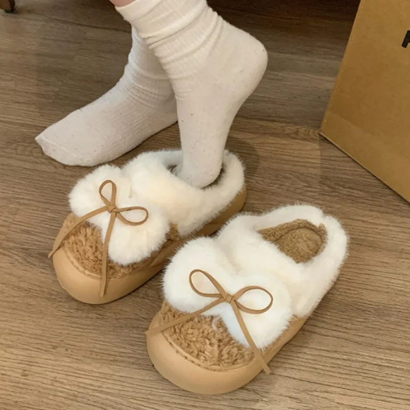 Bow Fur Slippers Women Snow Boots Flats Platform Home Cotton Shoes 2024 Winter New Plush Warm Slides Furry Mules Zapatos Mujer