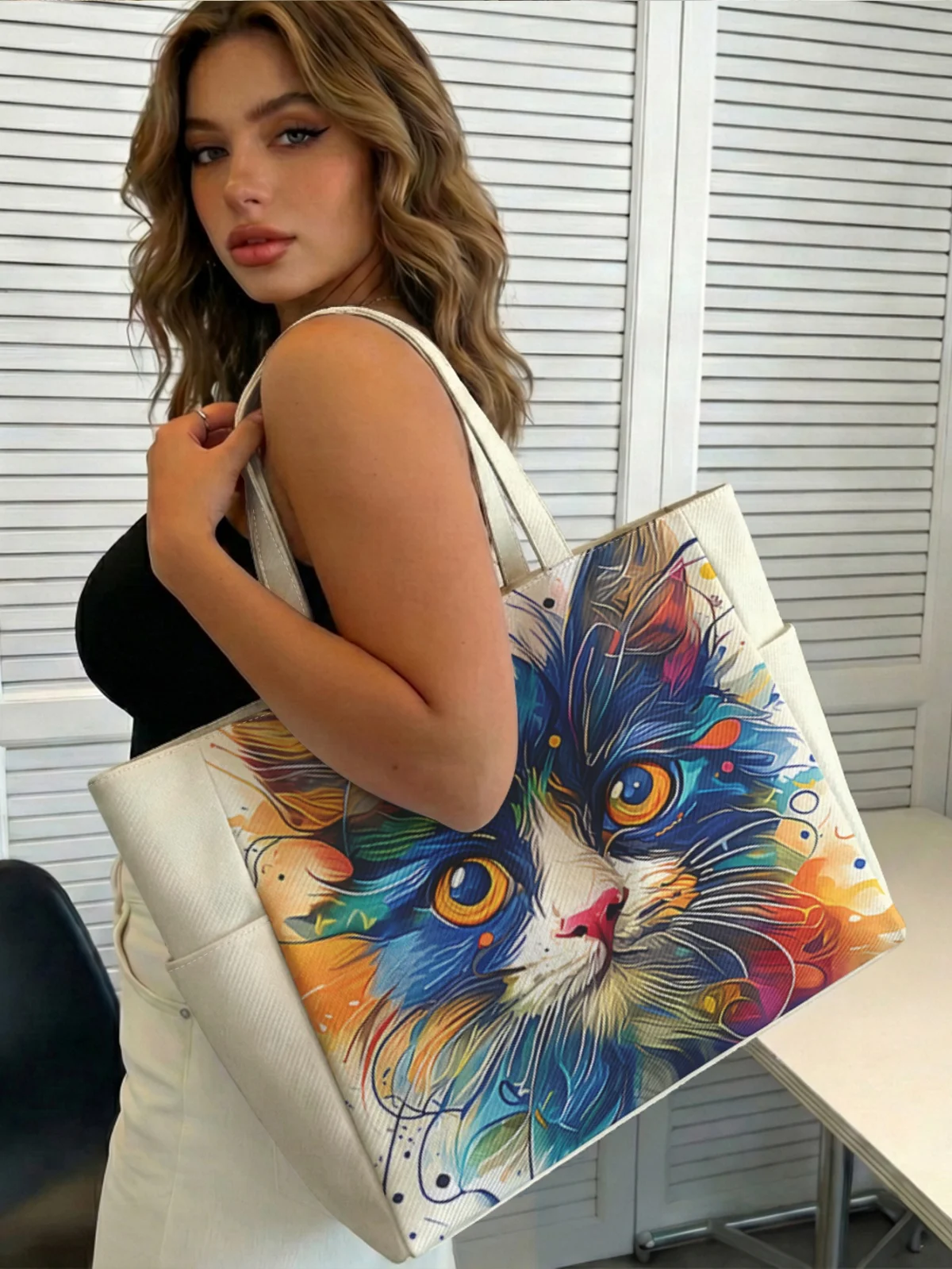 Cat printed large capacity women's handbag, canvas shoulder bag, casual commuting shopping bag