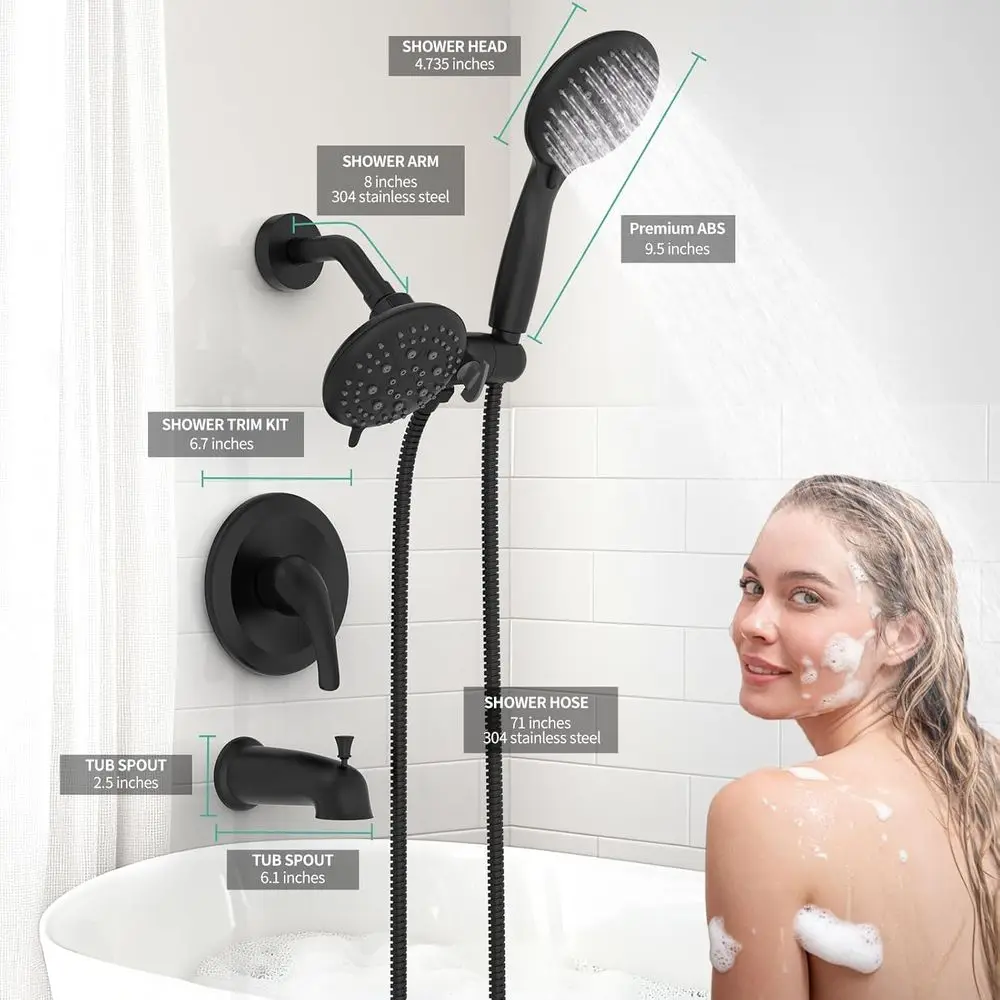 Matte Black Dual Function Shower System with 35-Setting Tub Spout, Single Handle Mixer and 3-Way Diverter