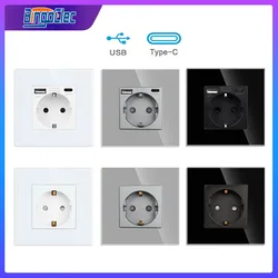 EU Wall Sockets Glass USB Scoket Outlet with Type-C 20W Fast Charge Crystal Glass Frame 220V Double Electrica Outlets