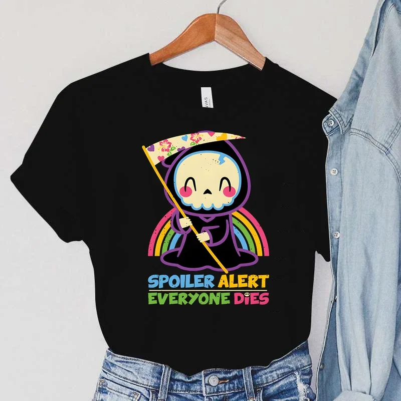 

Skull T-shirts Women Cartoon Rainbow Tshirts SPOILER ALERT Everyone Dies Print Women's Clothing Vintage90s Sickle Women T-Shirts