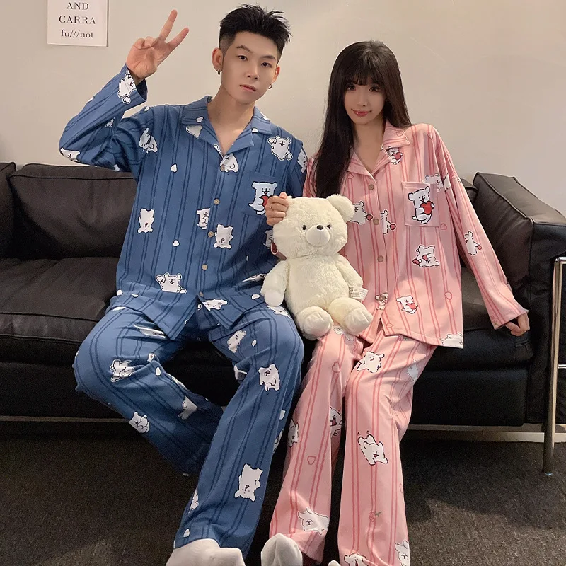 Ladies Live Couple Pajamas Homewear   New Ladies Korean Cute Striped Long-sleeved Long Pants Loose Casual Comfortable Set  Women