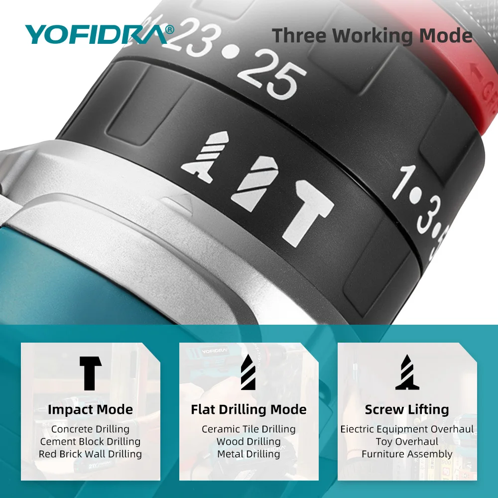 YOFIDRA 3-in-1 Elektrischer Schlagbohrer 25+3 Drehmomentstufen Handgeführter Akku-Schlagbohrer Holzbearbeitungs-Elektrowerkzeug für Makita 21V Akku – Detail 10