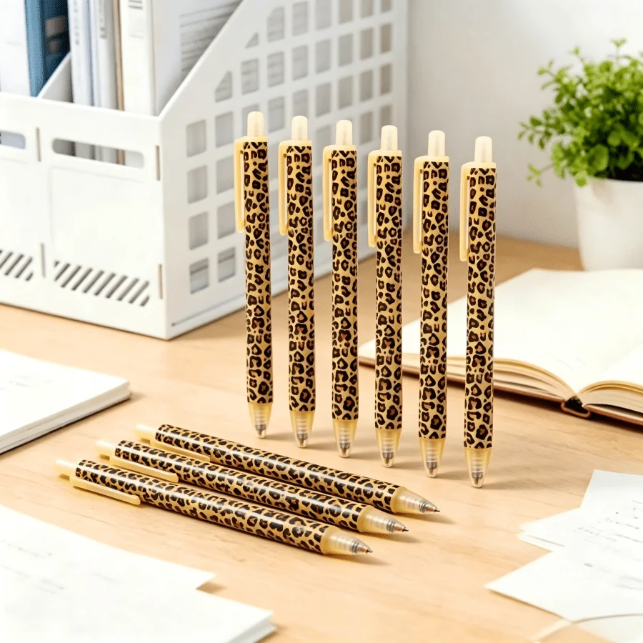 6pcs Leopard Print Retractable Ballpoint Pen Set – Stylish 1.0mm Smooth Writing Office Stationery, Black Ink, No Cap, Multi-Colored Barrel, Gift For Women And Men SS260804171730549033045
