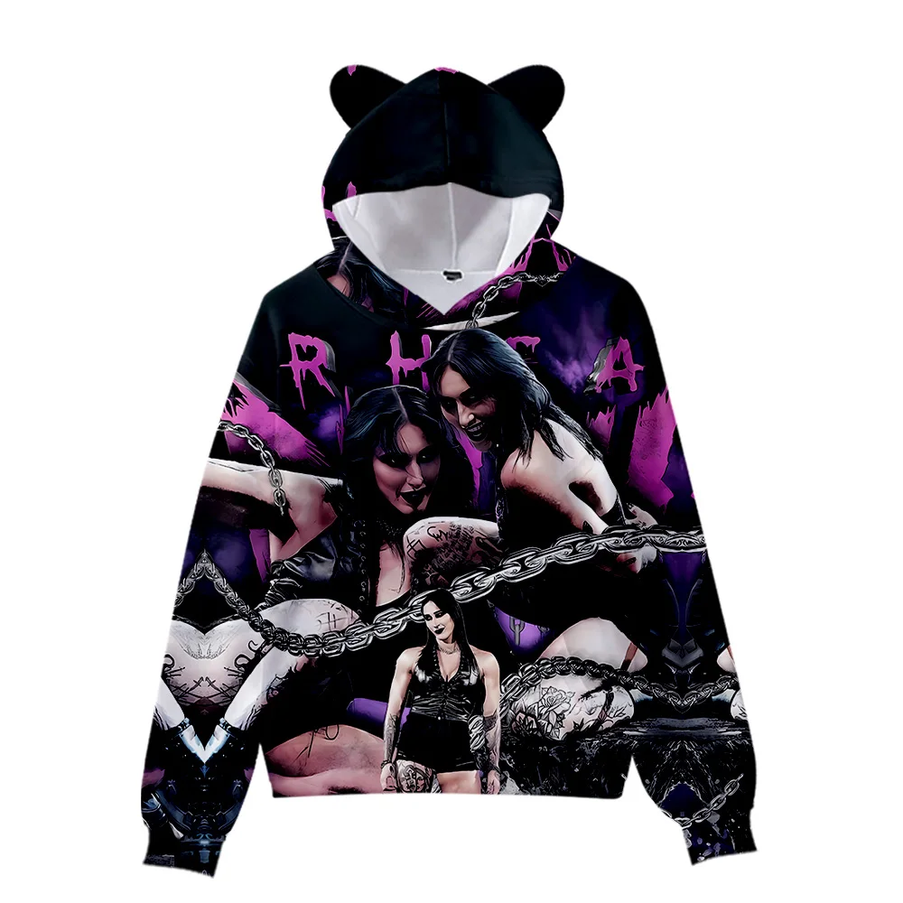 Bluza z kapturem Rhea Ripley Merch dla dziewczyn, krótki sweter z kocimi uszkami, nadrukowana odzież codzienna