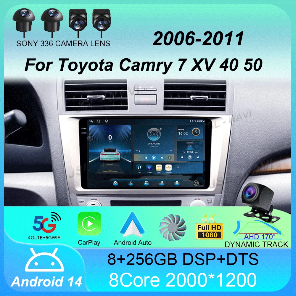 Автомобильный радиоприемник Android 14 Carplay Мультимедиа для Toyota Camry 7 XV 40 50 2006-2011 навигационное видео DVD авторадио стерео 2din 4G + BT