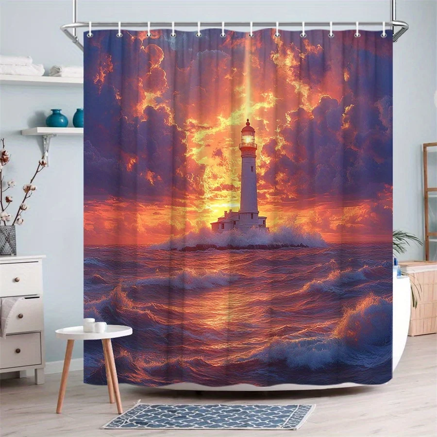 

1 шт., занавеска для душа Serene Lighthouse at Sunset, полиэфирная ткань, можно стирать в машине, с 12 крючками, дизайн Tranquil Nature, мода