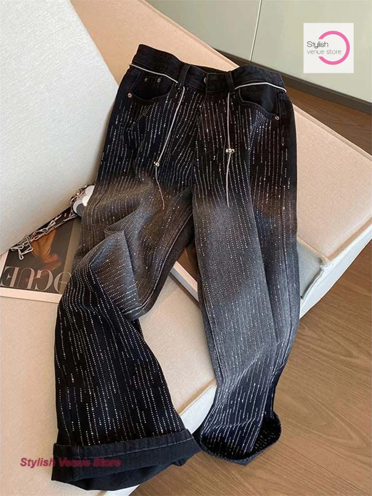 

Korean design sense heavy industry hot drilling straight jeans women's autumn and winter new versatile high waist wide-leg pants