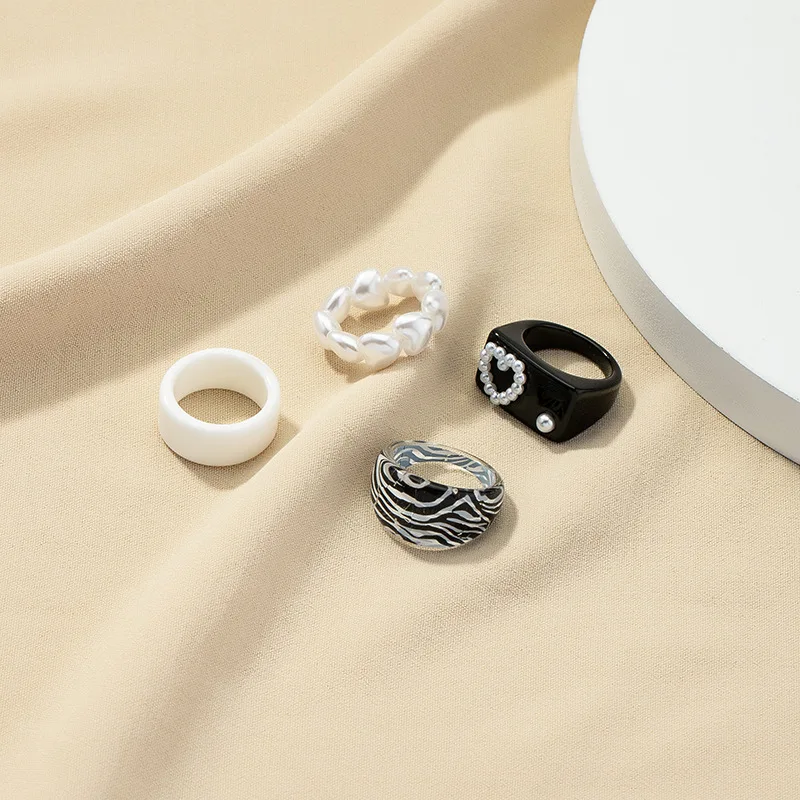 Plastic Rings for Women Jewelry Set of 4 Zebra Print Acrylic Finger Rings White Heart Pearl Elastic Knuckle Stackable Ring Pack