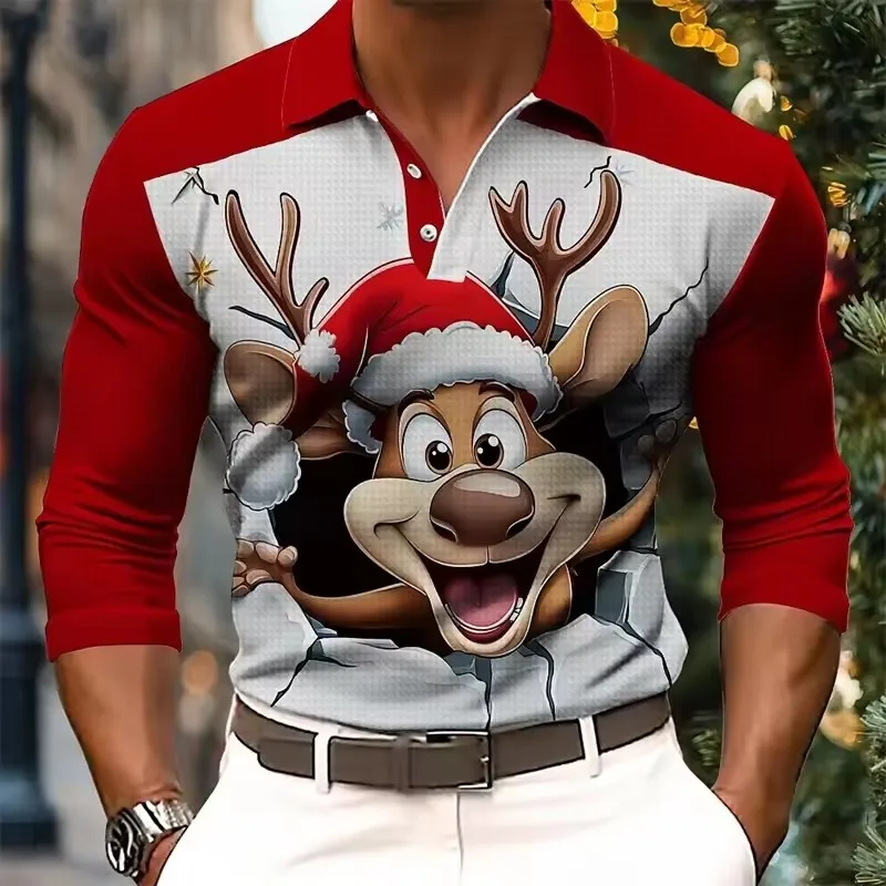 Men's Christmas Printed Polo shirt Autumn Long Sleeved Lapel Casual Top Plus Size Men Clothing 2025 New Christmas Cloting