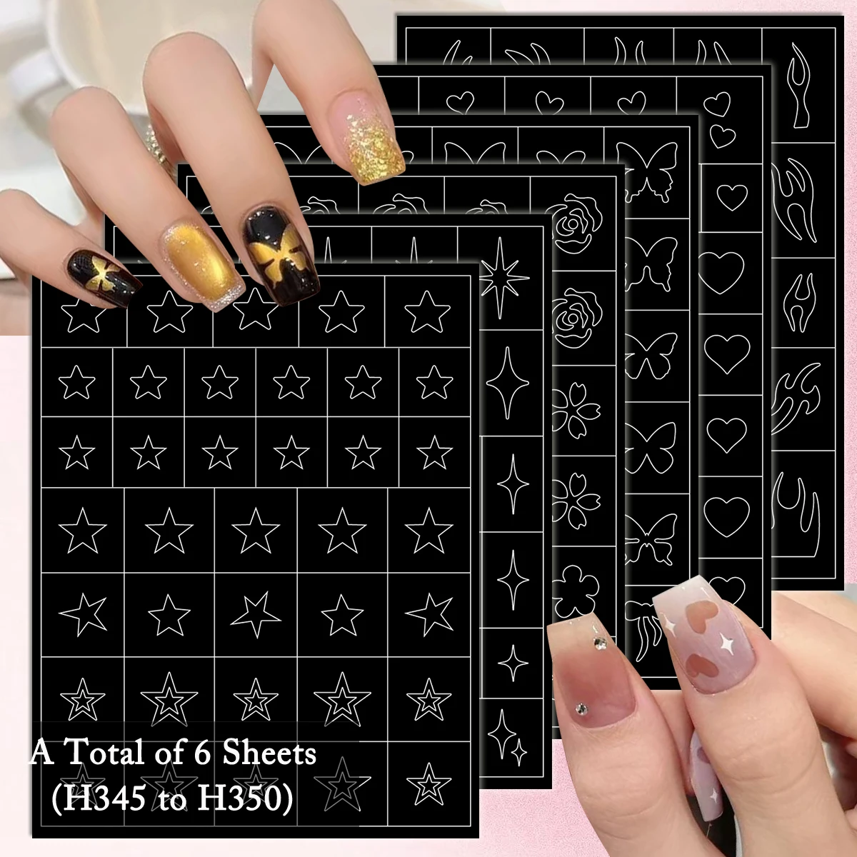 

3/6/12 Sheets Black White Nail Art Stencil Stickers, Star Heart Butterfly Flame Line Design Airbrush Nail Templates