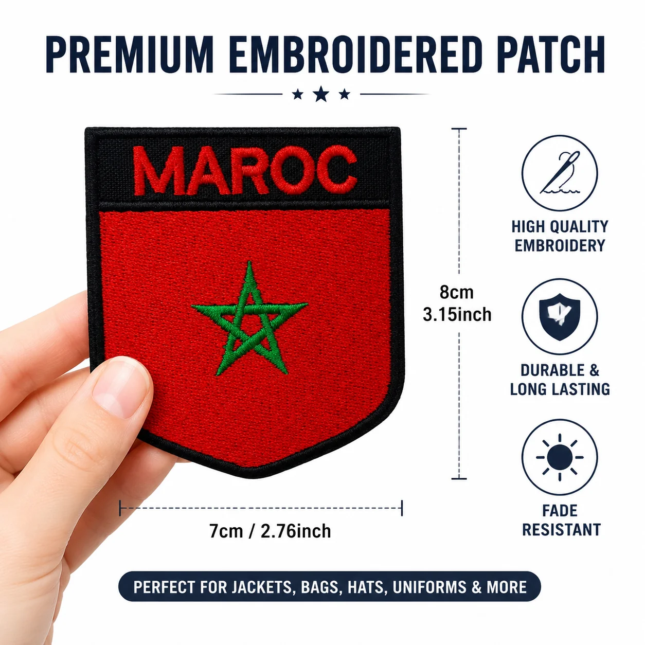 Flag of Morocco Embroidered Patch Patriotic Decoration Morale Badge Hook and Loop for Clothes Backpacks Hats & Everything