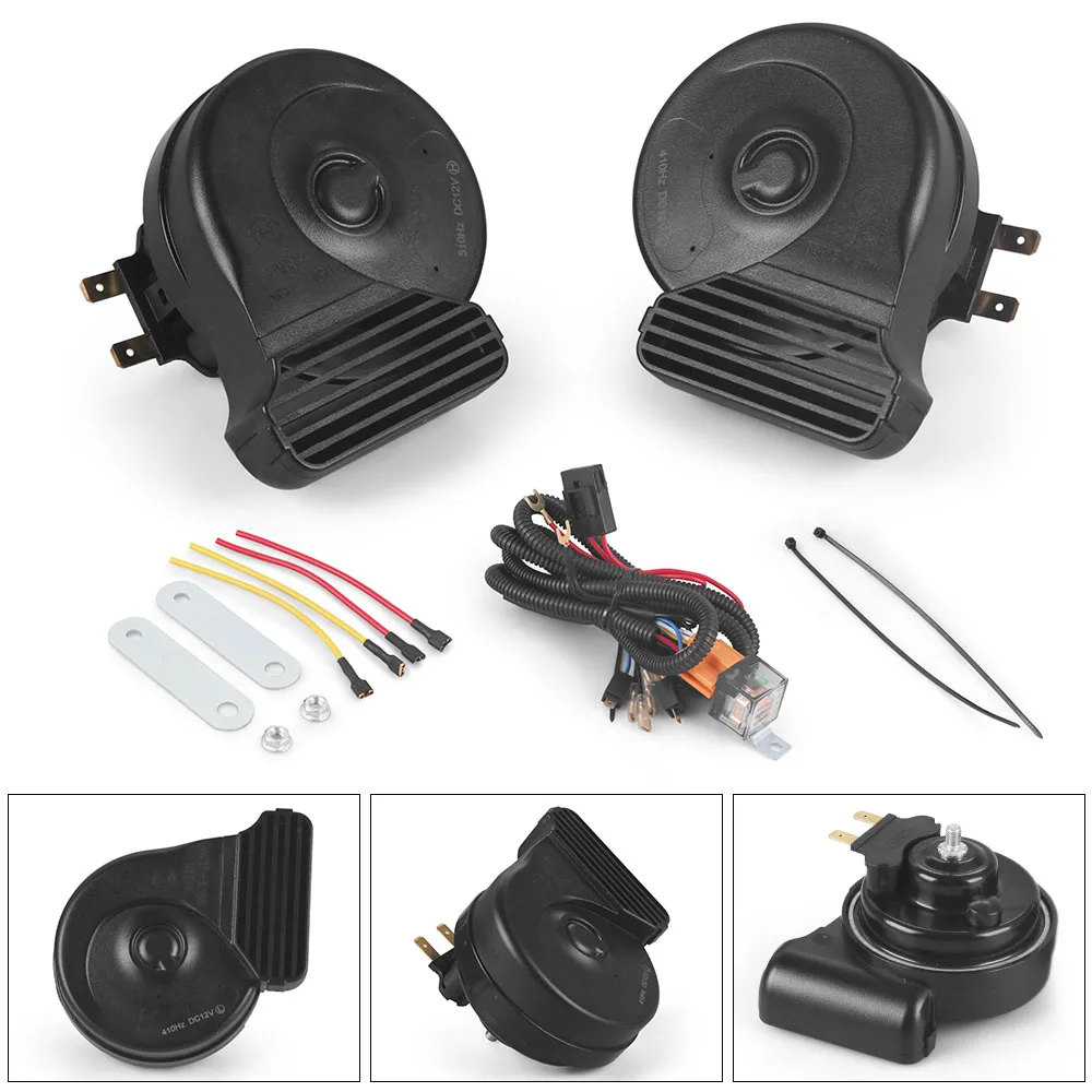 

12V Car Horn Loudness waterproof 2-way car horn Loud Dual Tone Electric Snail Horn Kit with grids With Relay Harness
